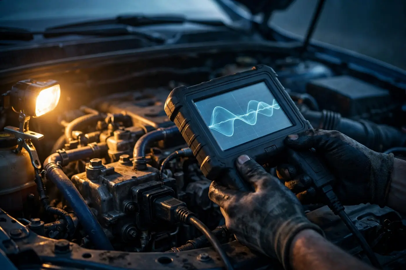 A diagnostic scan tool reading an engine waveform under a work light