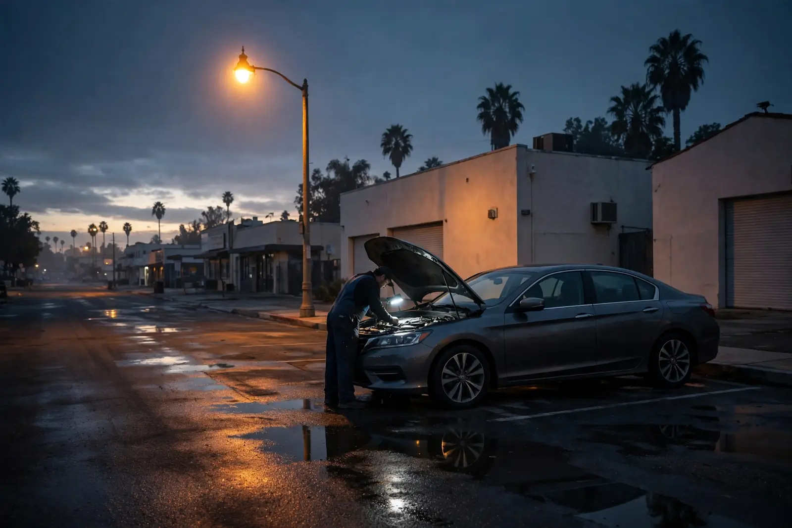 A mechanic working under an open hood at first light on a Santa Ana street